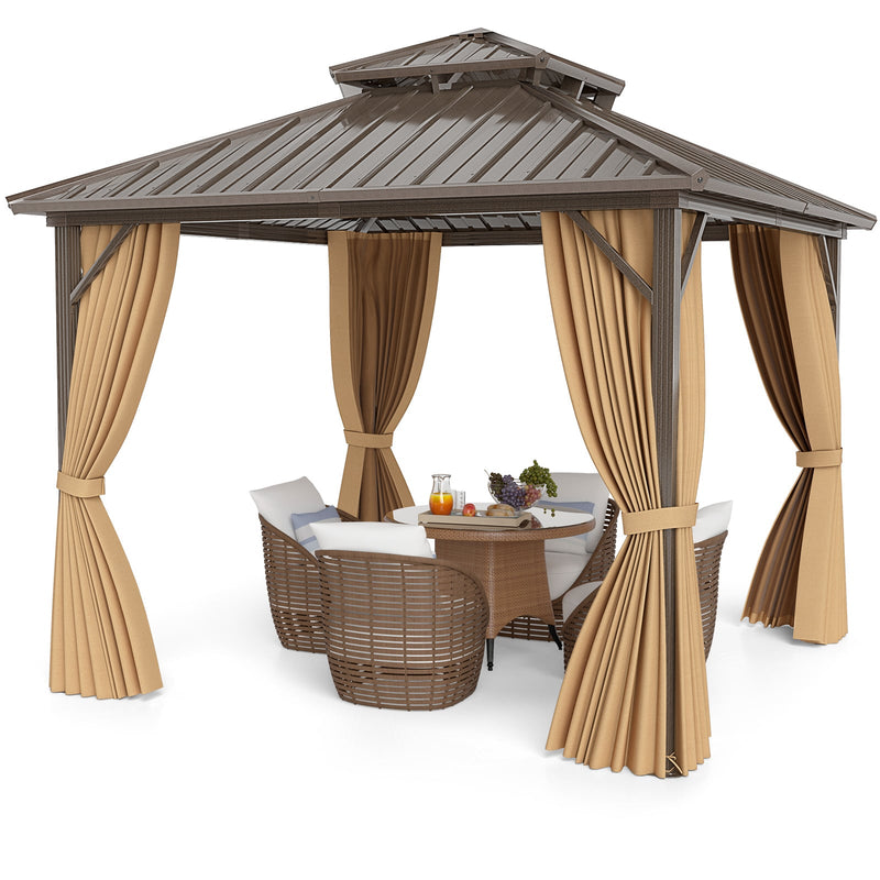 Costway 290 x 290 cm Hardtop Gazebo with Netting and Curtain and Double-Roof Metal Top-Coffee
