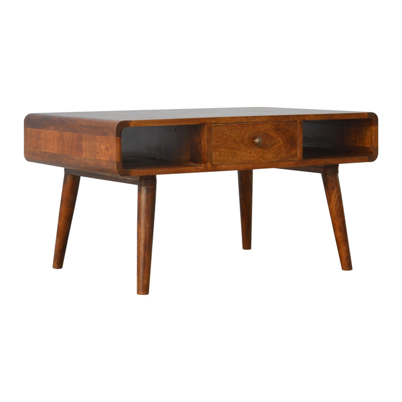 Curved Chestnut Coffee Table - styled room view