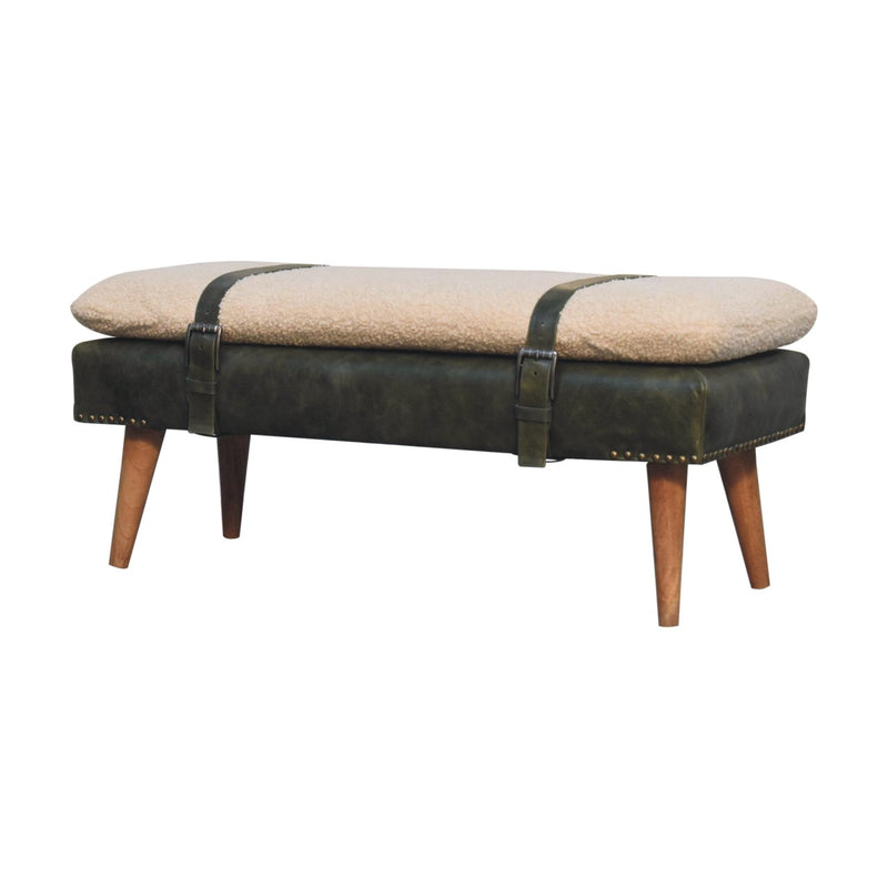 Boucle Buffalo Hide Olive Green Leather Bench