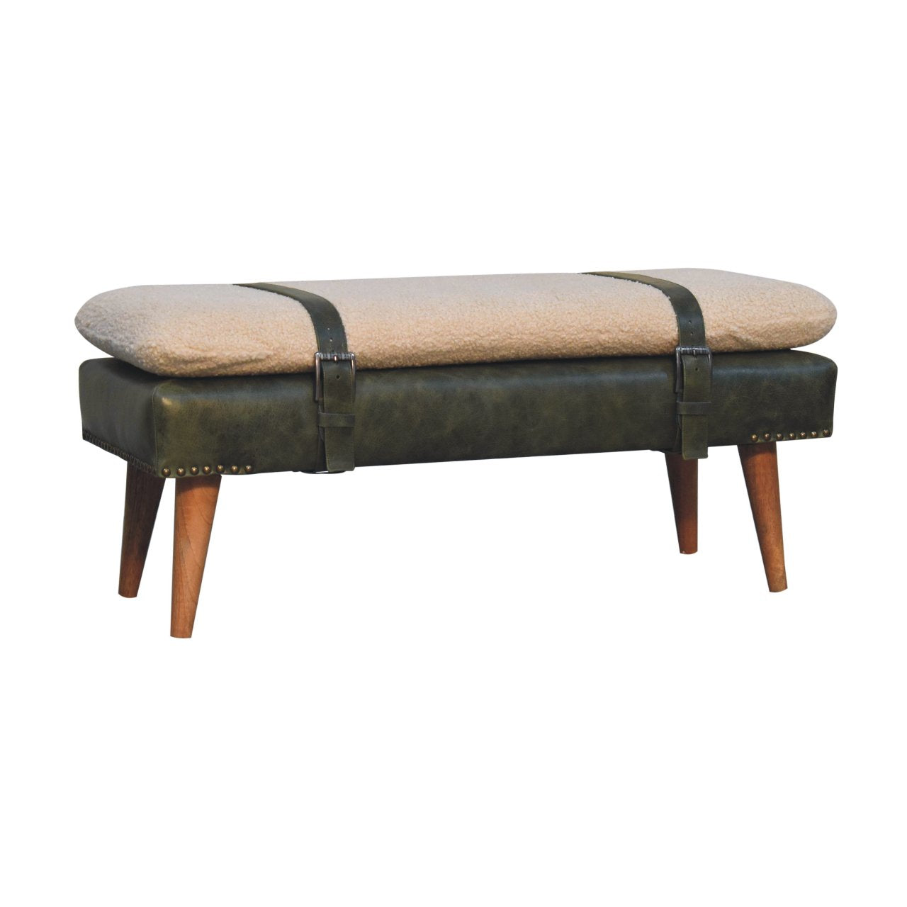 Boucle Buffalo Hide Olive Green Leather Bench
