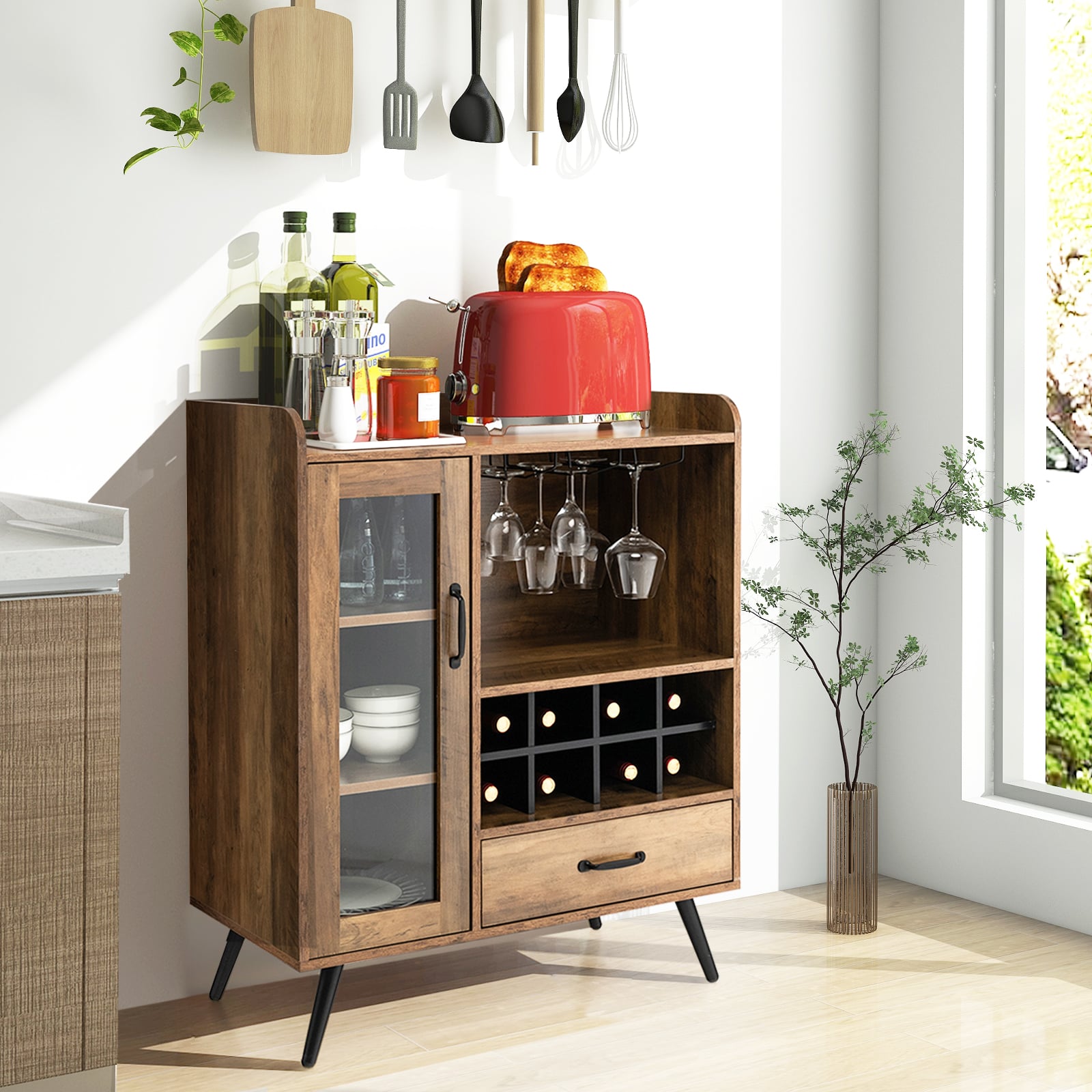 Wooden Wine Cabinet with Removable Wine Rack and Glass Holder