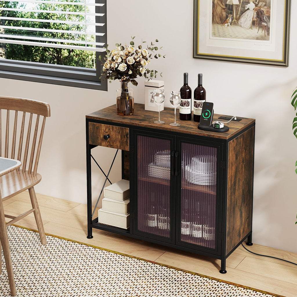 Buffet Sideboard with Power Outlets and LED Light Kitchen Storage Cabinet