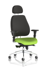 Chiro Plus High Back Ergonomic Posture Chair with Arms - bespoke fabric colour swatch, Myrrh Green on Black with Headrest