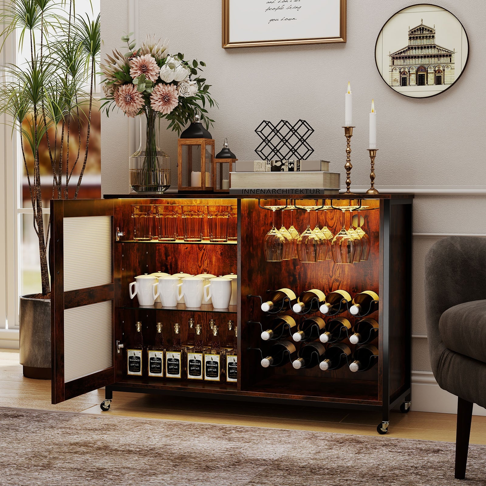 Liquor Buffet Sideboard with LED Lights and Glass Holders