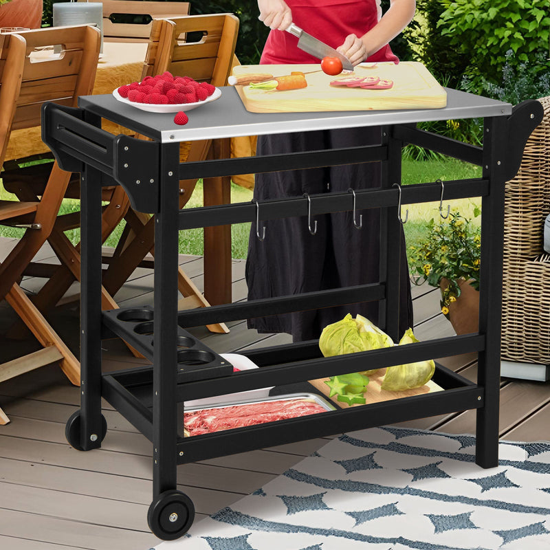 Movable Outdoor Dining Cart HDPE Pizza Oven Stand Table-Black - view 3