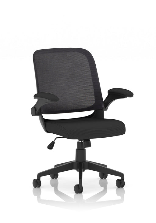 Dynamic Crew mesh task operator chair in Black - front view showing folding arms and mesh backrest