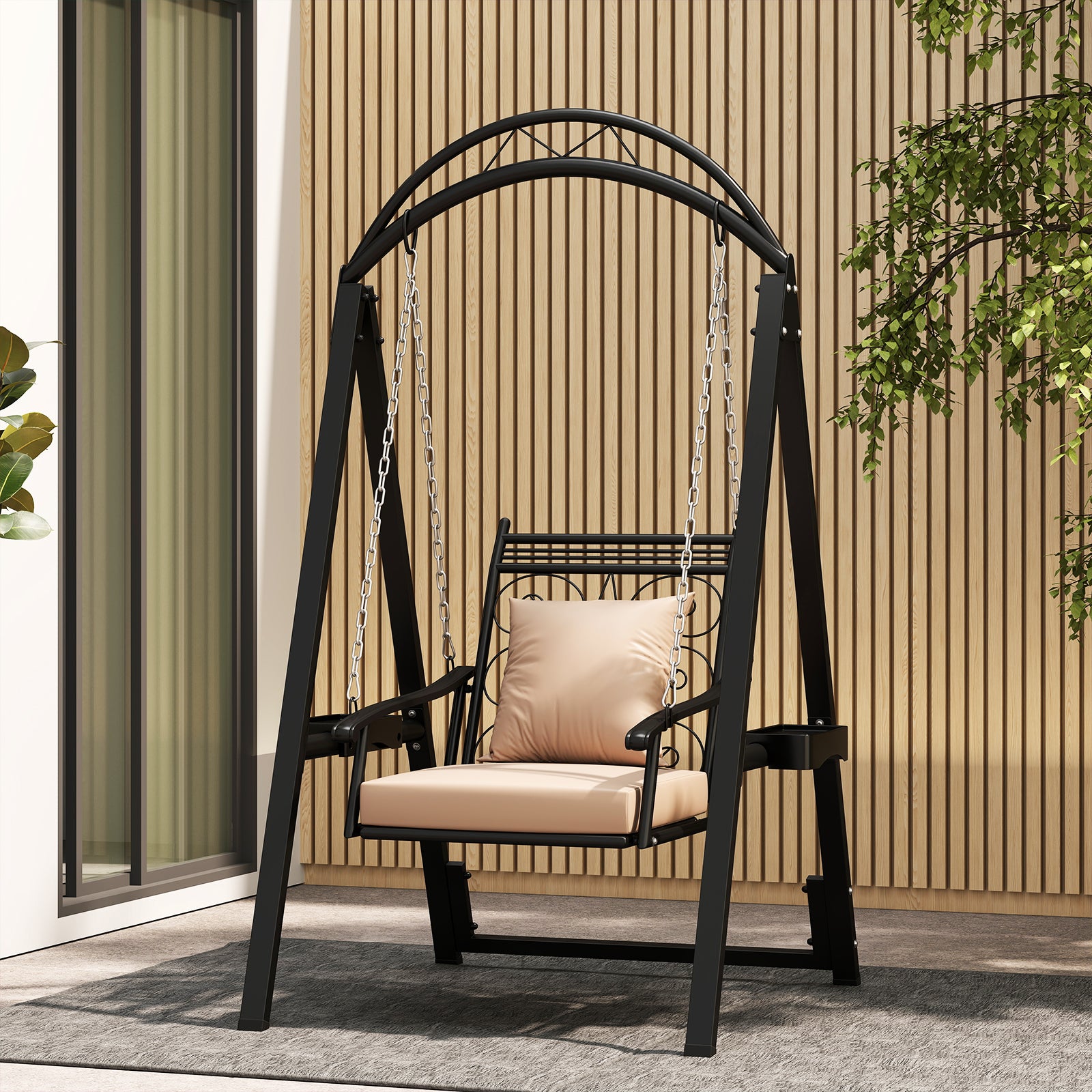 Outdoor Porch Swing with Removable Cushions and Side Tables for Garden Backyard