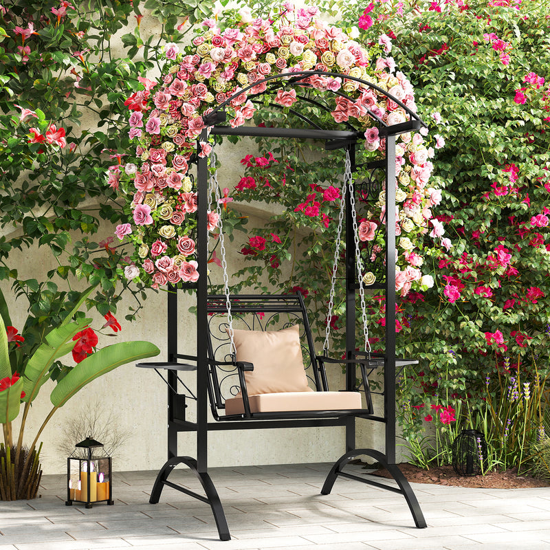 Outdoor Porch Swing with Stand and 2 Trellises for Adults Patio Swing Chair with Removable Cushions