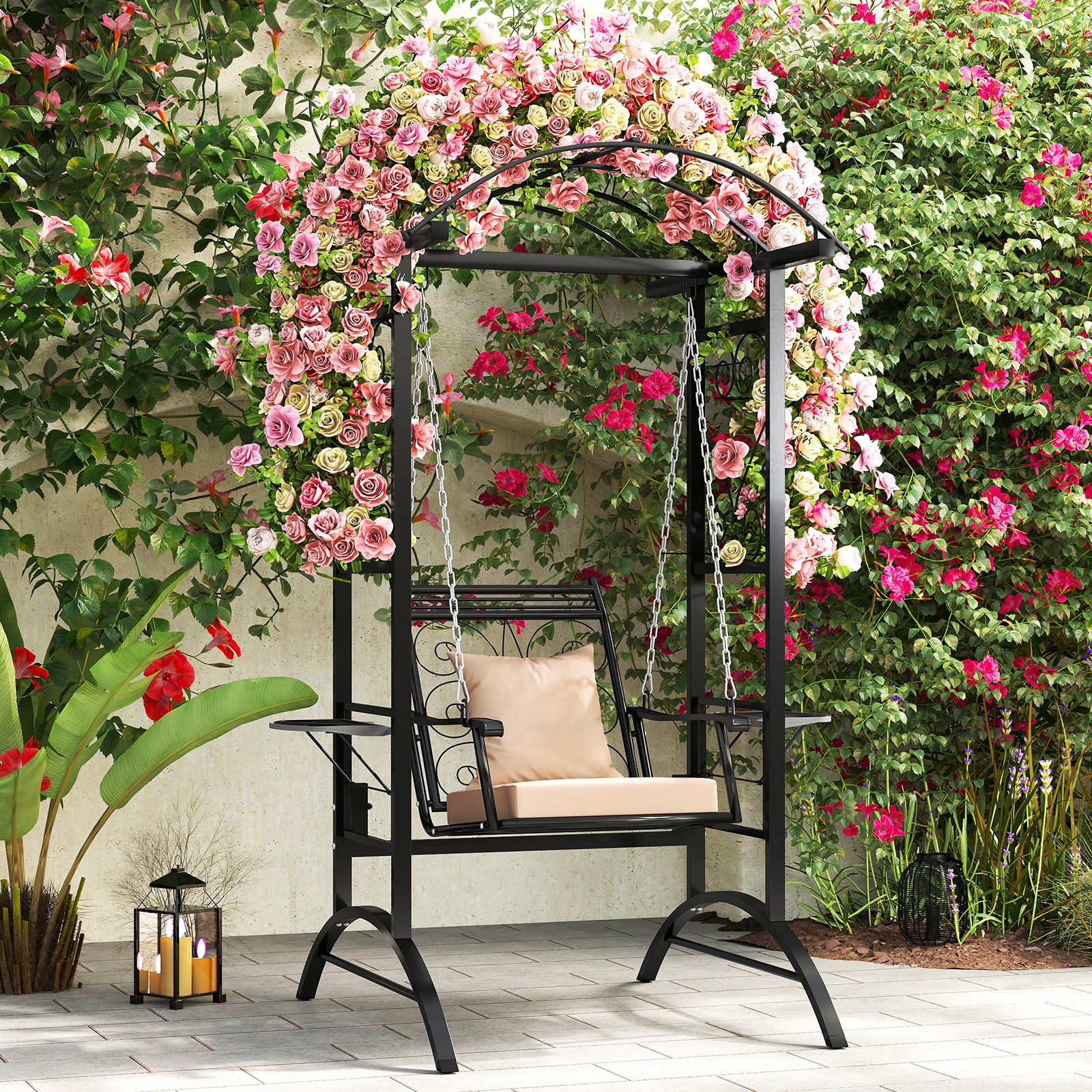Outdoor Porch Swing with Stand and 2 Trellises for Adults Patio Swing Chair with Removable Cushions