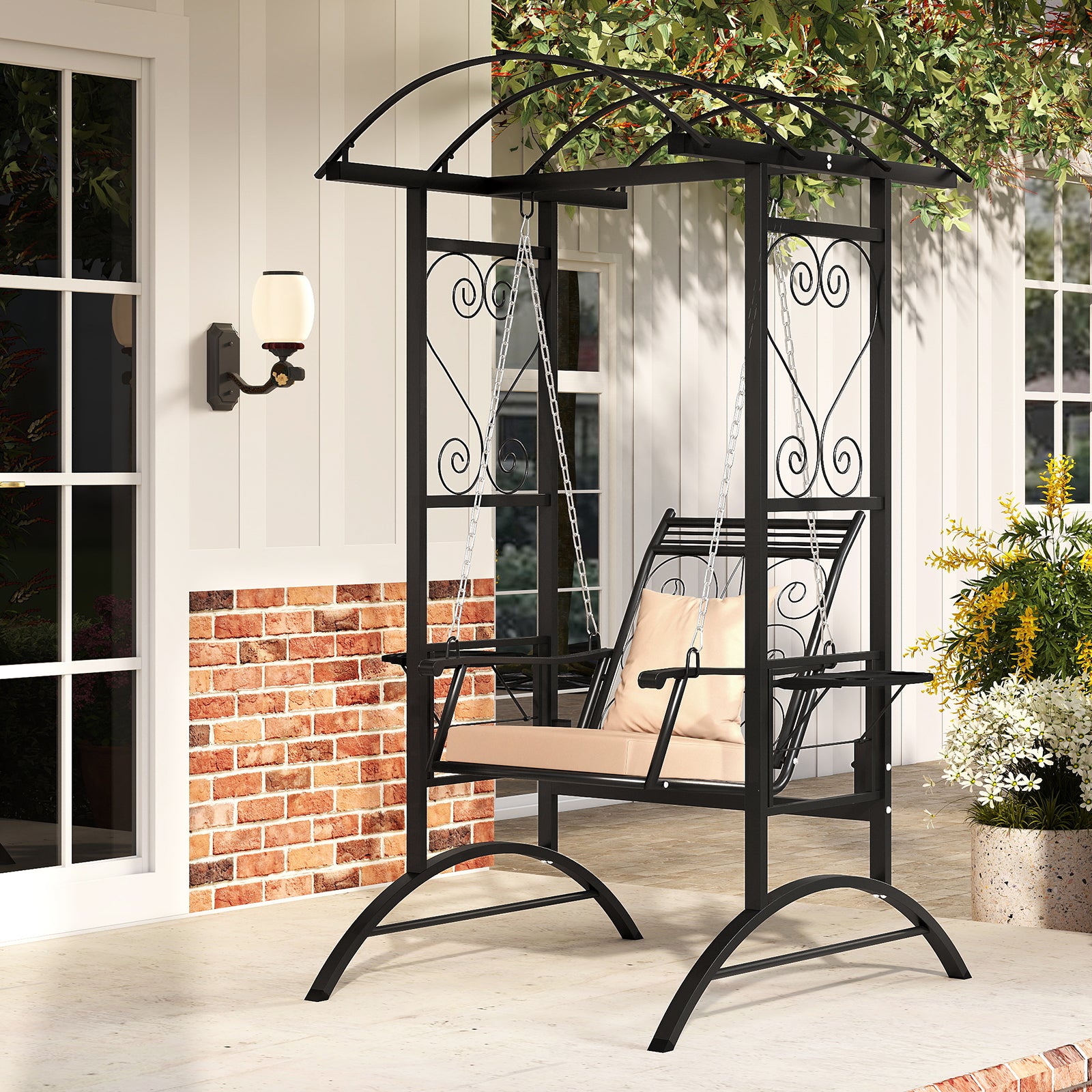 Outdoor Porch Swing with Stand and 2 Trellises for Adults Patio Swing Chair with Removable Cushions