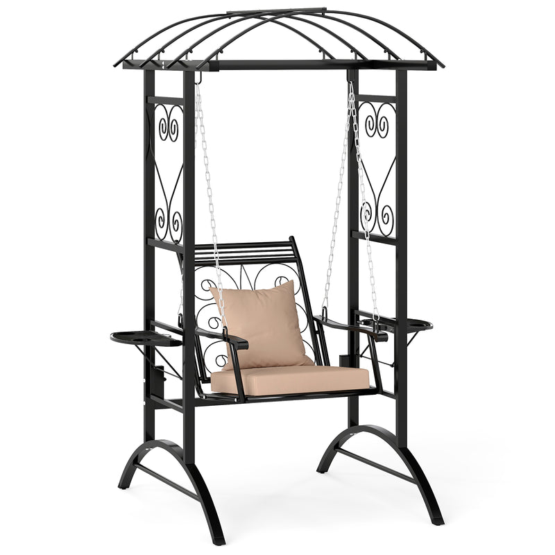 Outdoor Porch Swing with Stand and 2 Trellises for Adults Patio Swing Chair with Removable Cushions