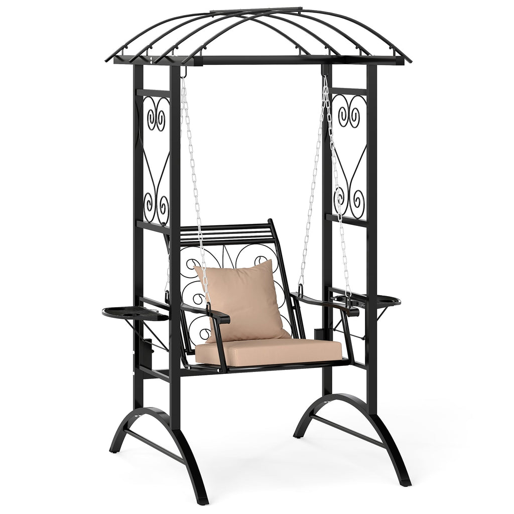 Outdoor Porch Swing with Stand and 2 Trellises for Adults Patio Swing Chair with Removable Cushions