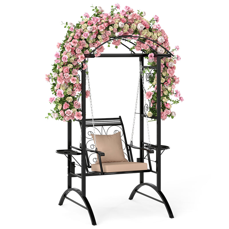 Outdoor Porch Swing with Stand and 2 Trellises for Adults Patio Swing Chair with Removable Cushions