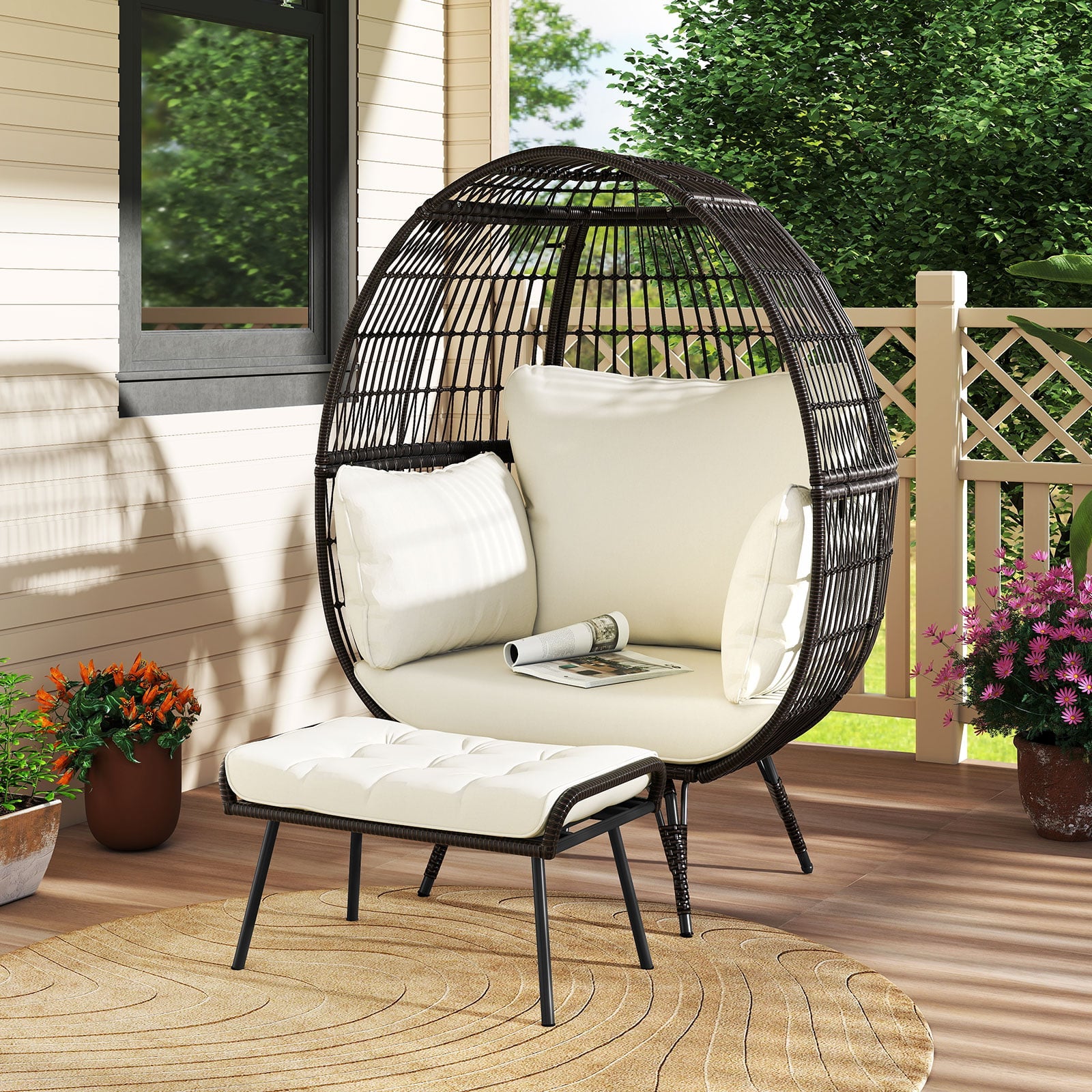 Patio Oversized Egg Chair with Ottoman and Soft Cushions
