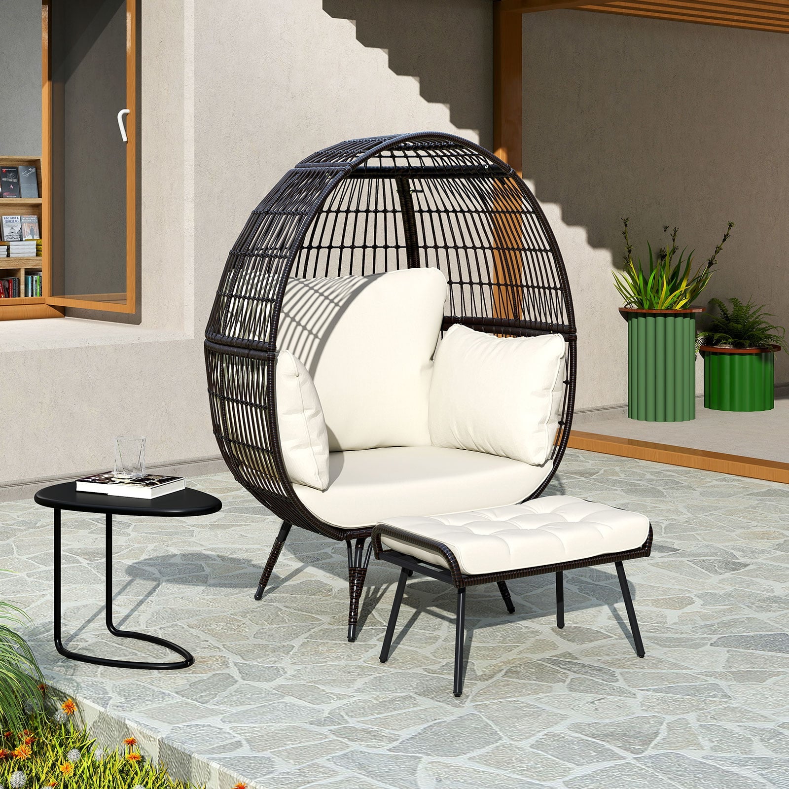 Patio Oversized Egg Chair with Ottoman and Soft Cushions