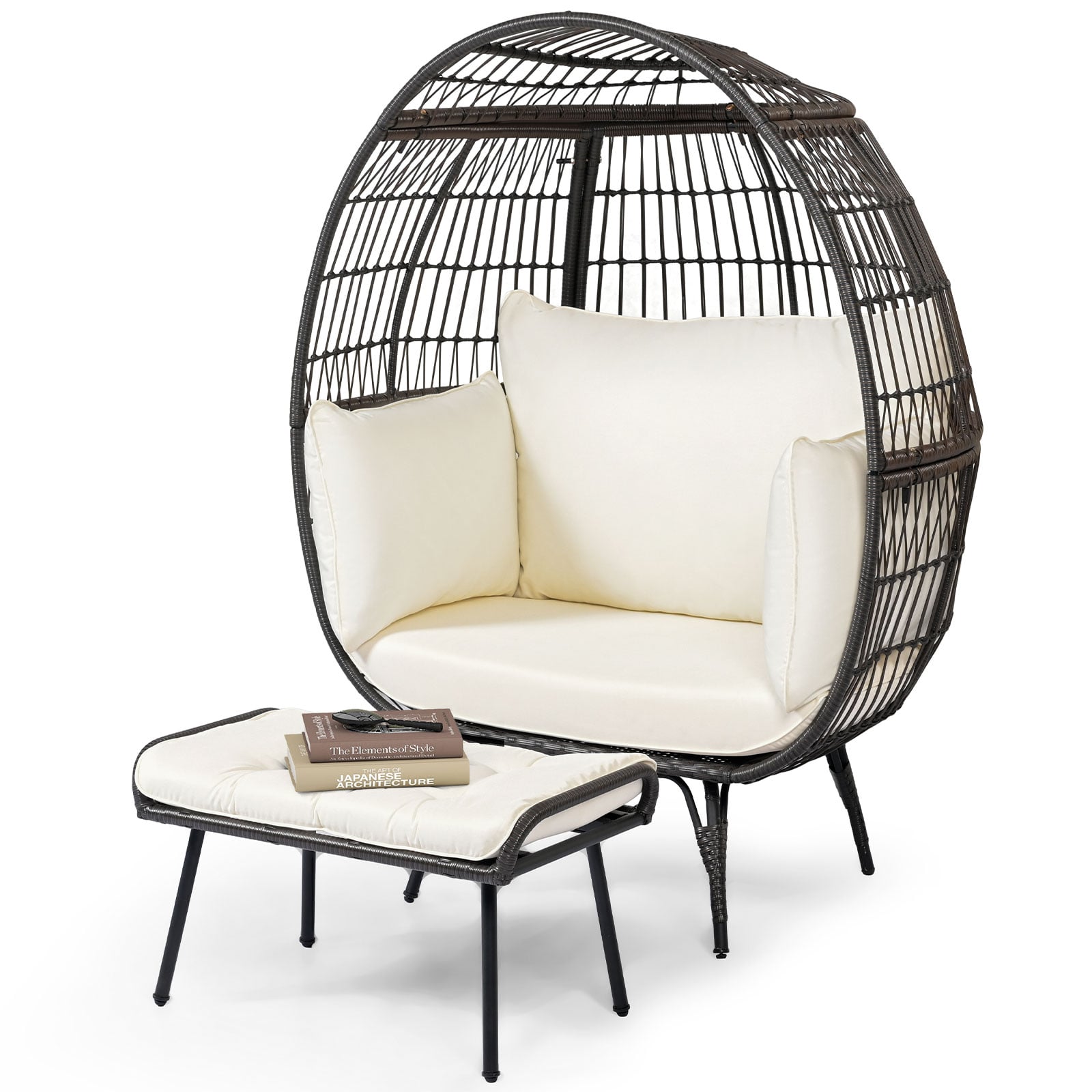 Patio Oversized Egg Chair with Ottoman and Soft Cushions