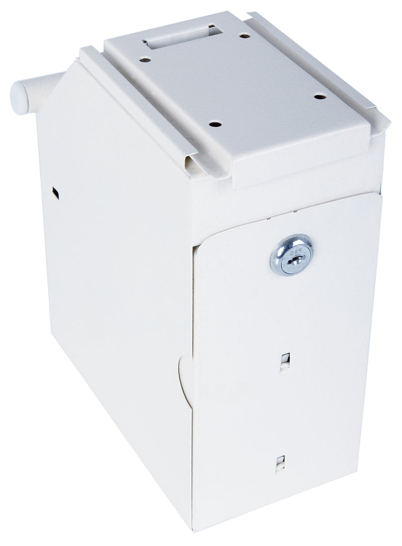 White metal box with a lock on a white background