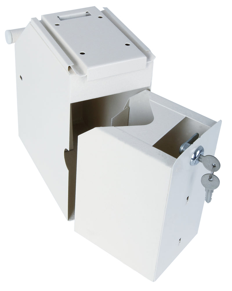 White metal box with a lock on a white background