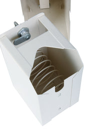 White electrical box with a spring inside on a white background