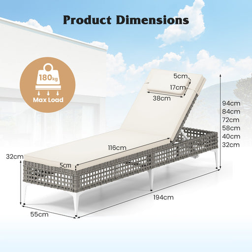Patio Chaise Lounge PE Wicker Reclining Sun Lounger with 6-Level Adjustable Backrest-White-1 Piece - image 2