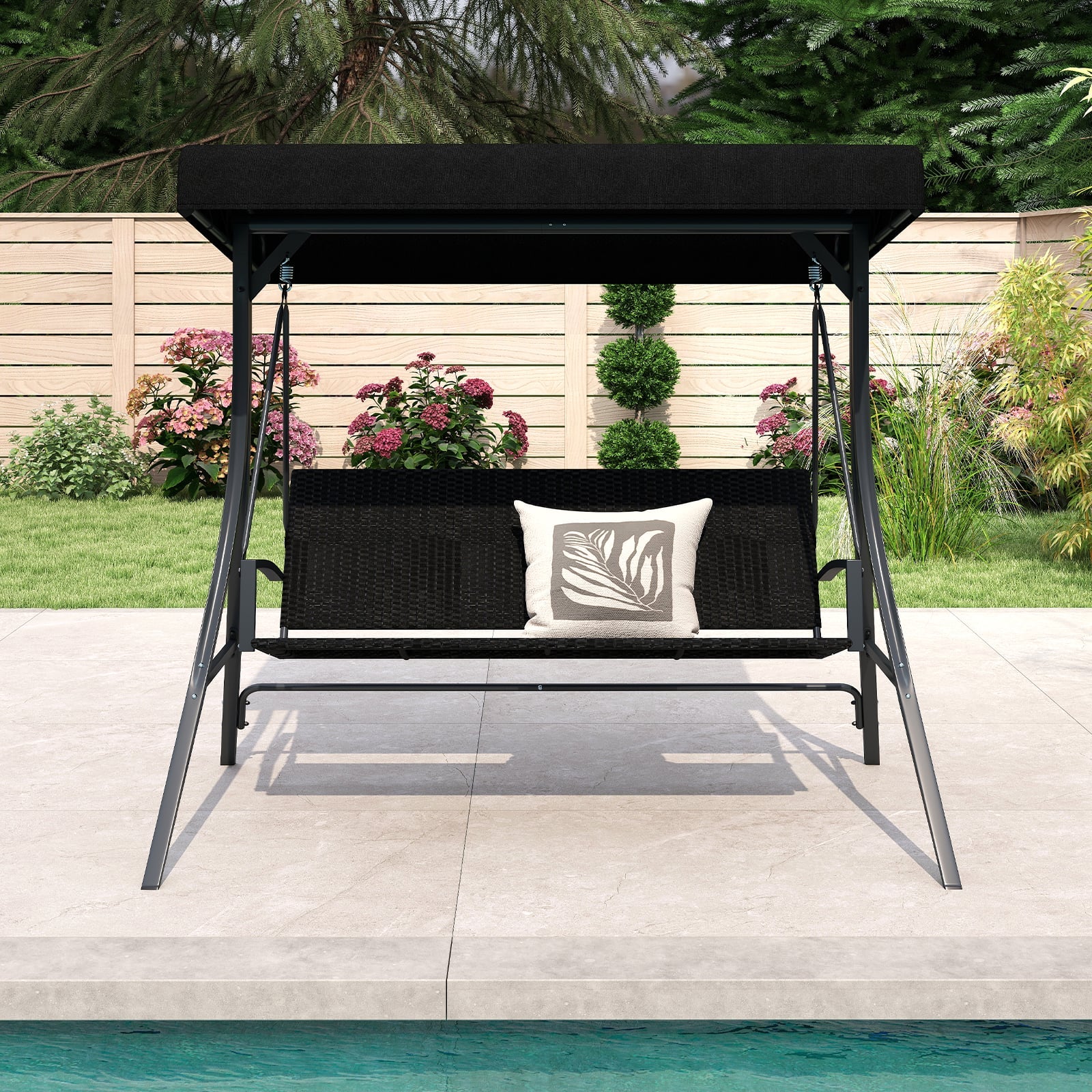 3-Person Porch Swing with Stand Adjustable Canopy Swing with Rattan Seat