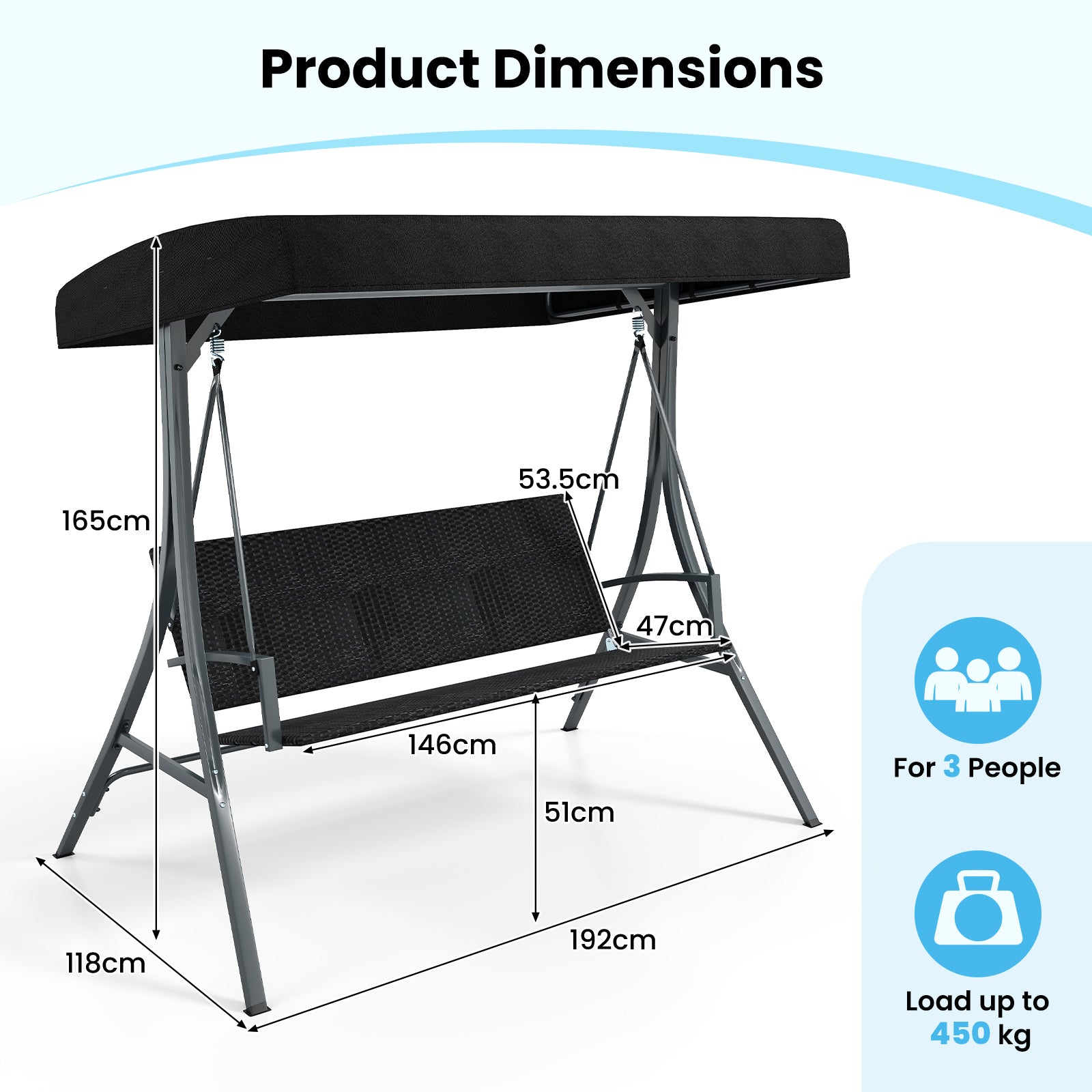 3-Person Porch Swing with Stand Adjustable Canopy Swing with Rattan Seat