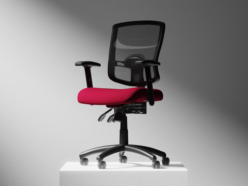 A modern office chair with a black mesh backrest, black armrests, and a bright red seat cushion, shown on a white pedestal against a gray gradient background.