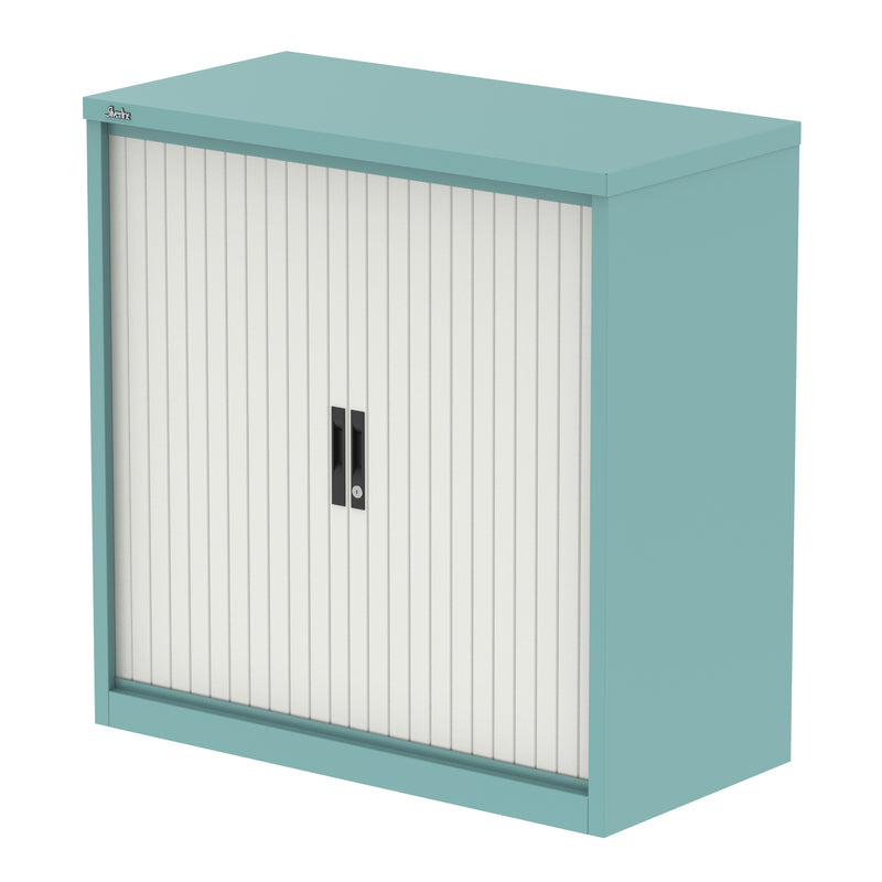 Qube Side Tambour Cupboard With Shelves - 1000mm - Pastel Turquoise And White - Homesplex