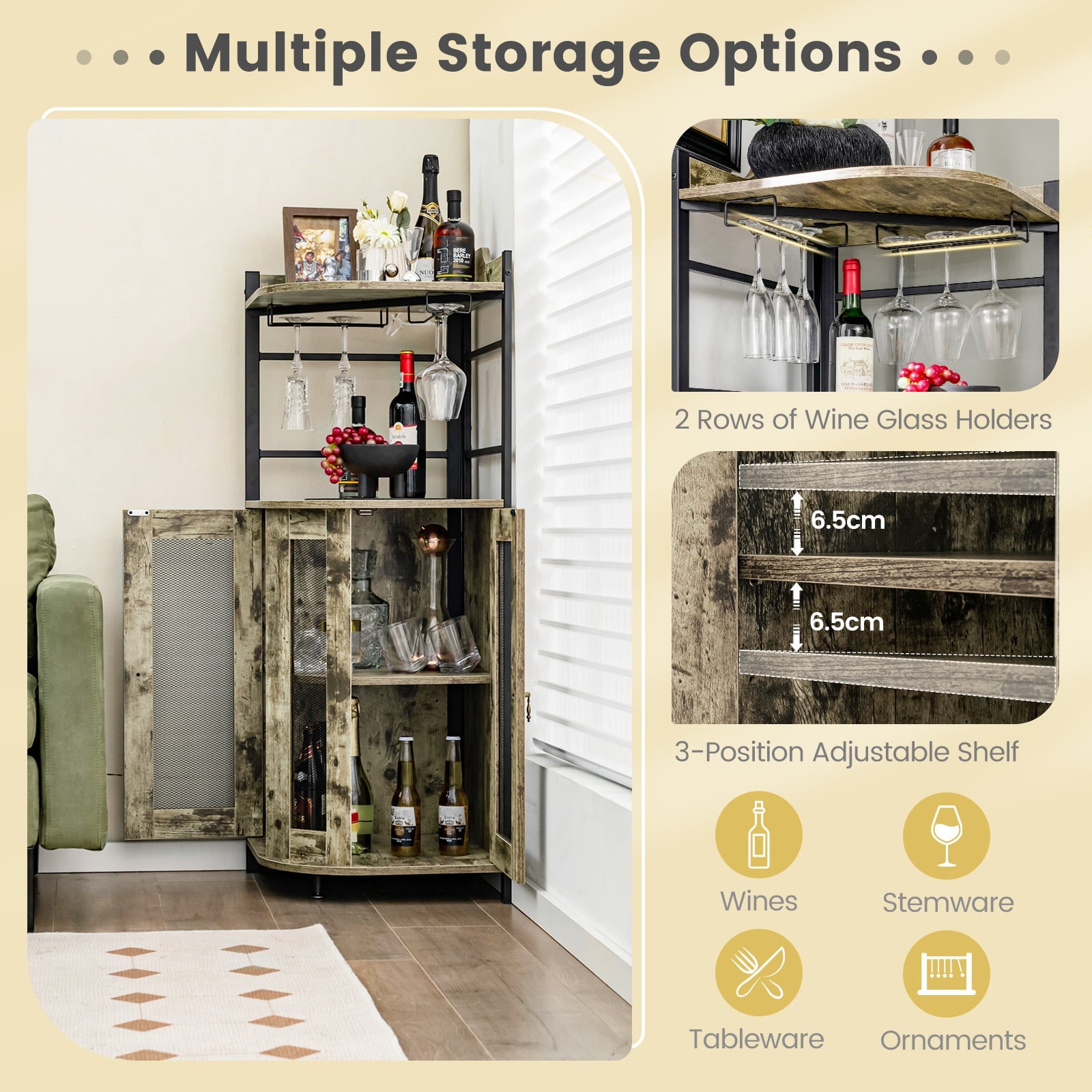 Industrial Corner Bar Wine Cabinet with Metal Mesh Doors and Adjustable Shelf