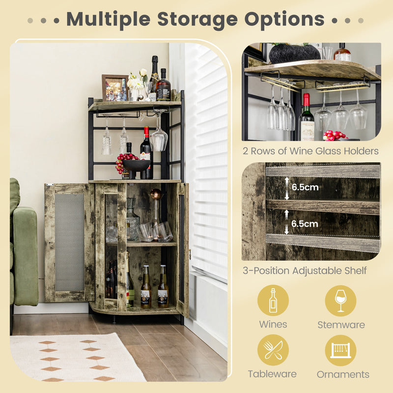 Industrial Corner Bar Wine Cabinet with Metal Mesh Doors and Adjustable Shelf