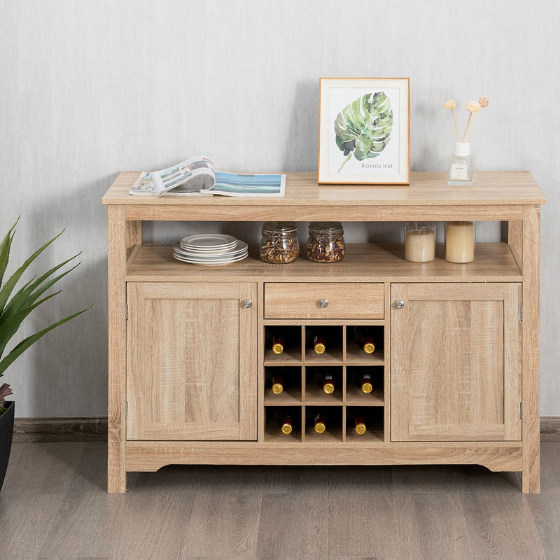 Rustic Cupboard Storage Organizer with 2 Cabinets and 1 Drawer 9-Bottle Wine Rack