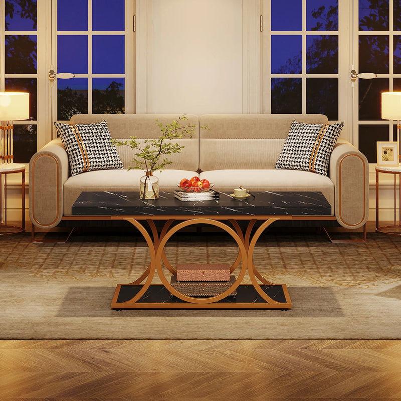 Tribesigns Rectangle Coffee Table, 47.24-inch Modern Coffee Tables for Living Room, 2-Tier Faux Marble Wood Coffee Table