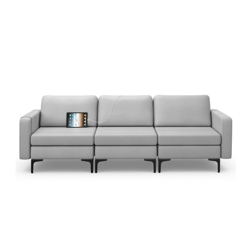 Costway 3-Seat Sofa with Magazine Caddy Socket and USB Charging Ports Light Grey - Modern Living Room Sofa HV10299SL