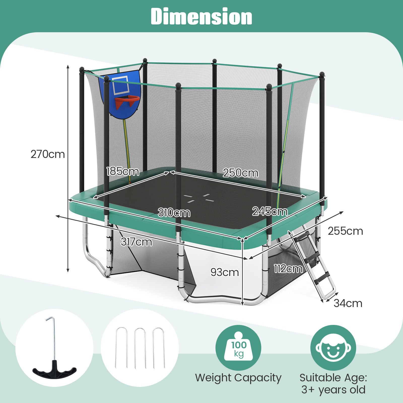 Rectangle Outdoor Trampoline 317 x 255 cm Backyard Trampoline