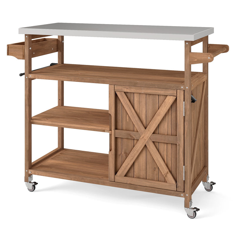 Wooden Grill Cart with Storage Outdoor Kitchen Island with Stainless Steel Top