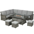 Rattan Fire Pit Table Sofa Set – 7-Piece Outdoor Garden Furniture Set with Cushions | Grey