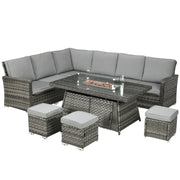 Outdoor patio furniture set with a fire pit table on a white background