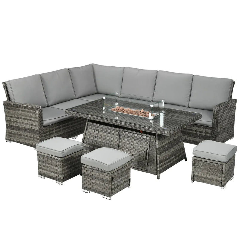 Outdoor patio furniture set with a fire pit table on a white background