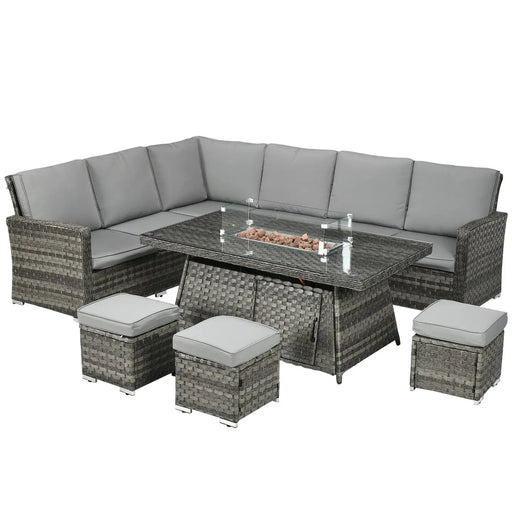 Outdoor patio furniture set with a fire pit table on a white background