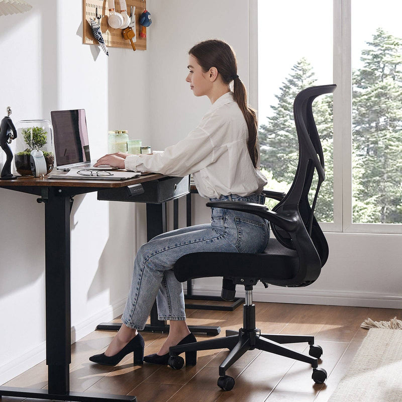 Woman sitting at a desk using a computer in a bright room with large windows.