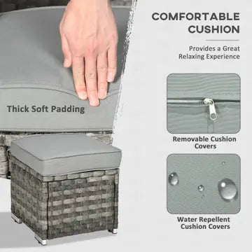 Gray cushioned ottoman with a hand touching the cushion, highlighting comfort and features.