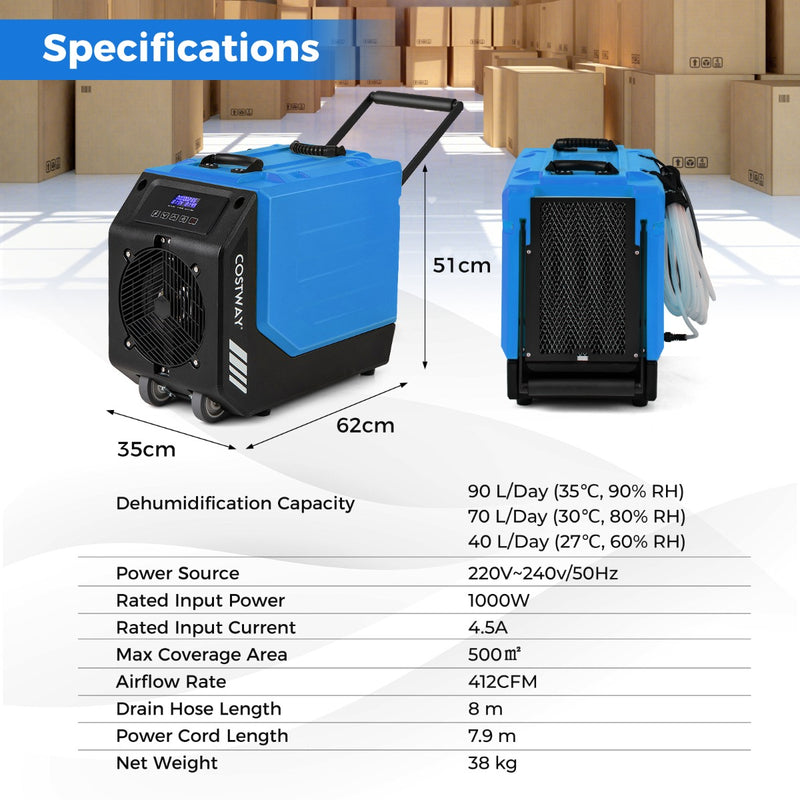 90L/Day Commercial Dehumidifier with Pump and 2 Wheels