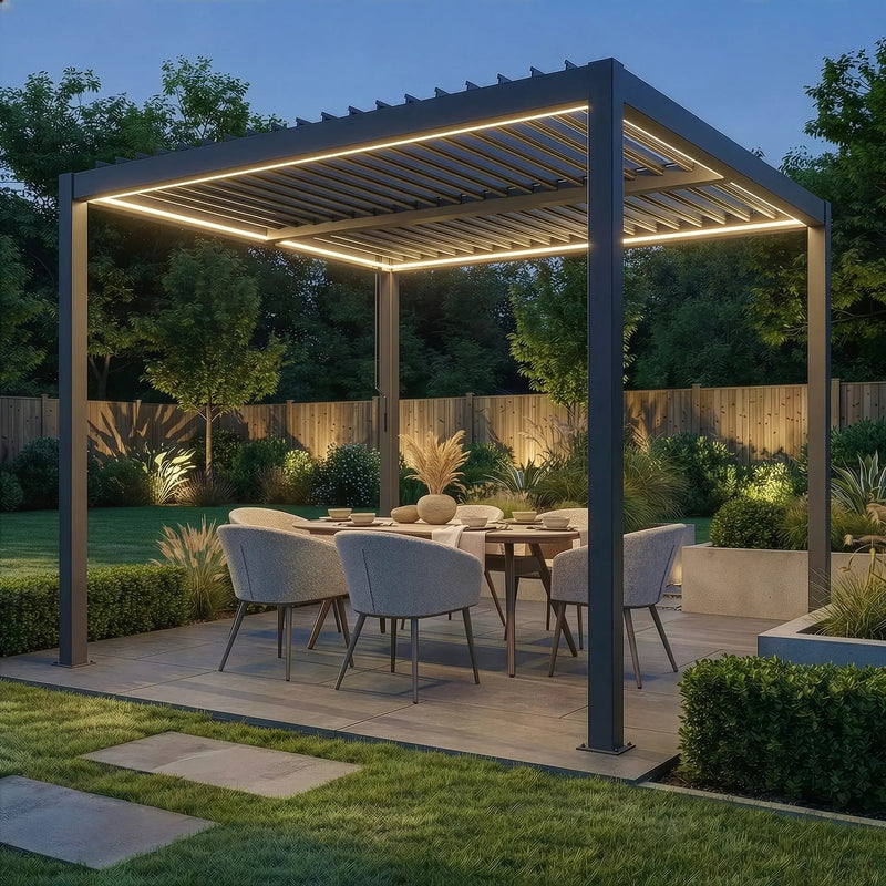 Como 3x3 Pergola Latte, evening lifestyle setting