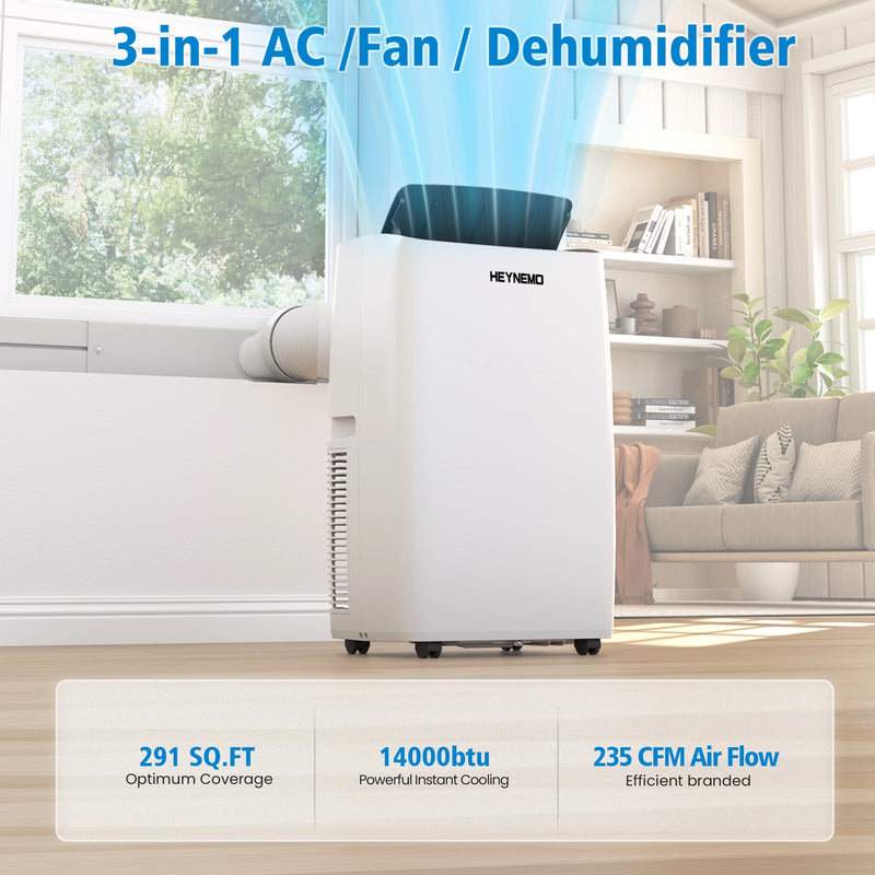 HEMMO 3-in-1 AC/Fan/Dehumidifier in a living room setting with product specifications displayed.