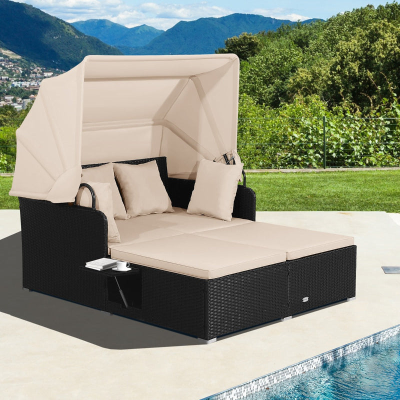 Garden Rattan Daybed with Retractable Canopy and Cushions-Beige - image 2