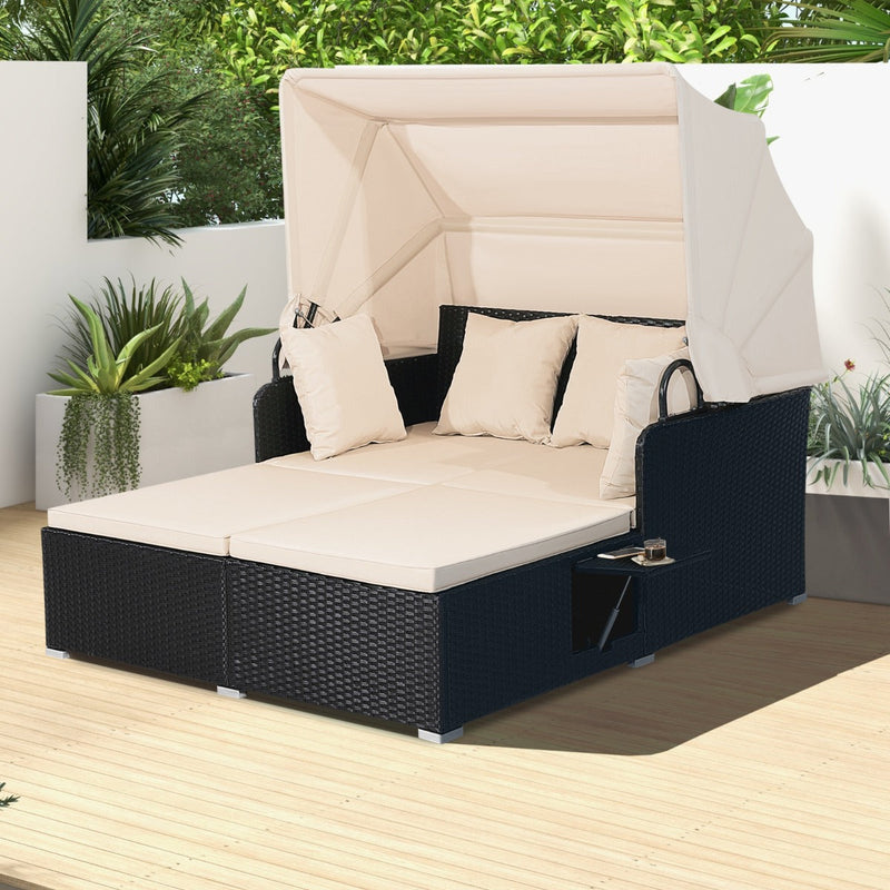 Garden Rattan Daybed with Retractable Canopy and Cushions-Beige - image 3