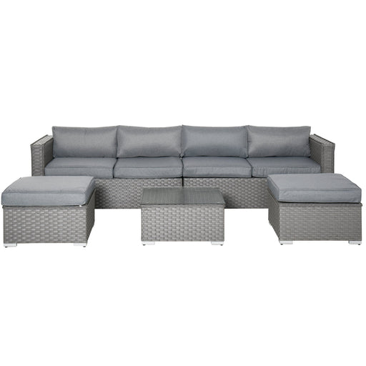 5 PCs Rattan Wicker Corner Sofa Set Tea Table Footstool & Cushion - Grey