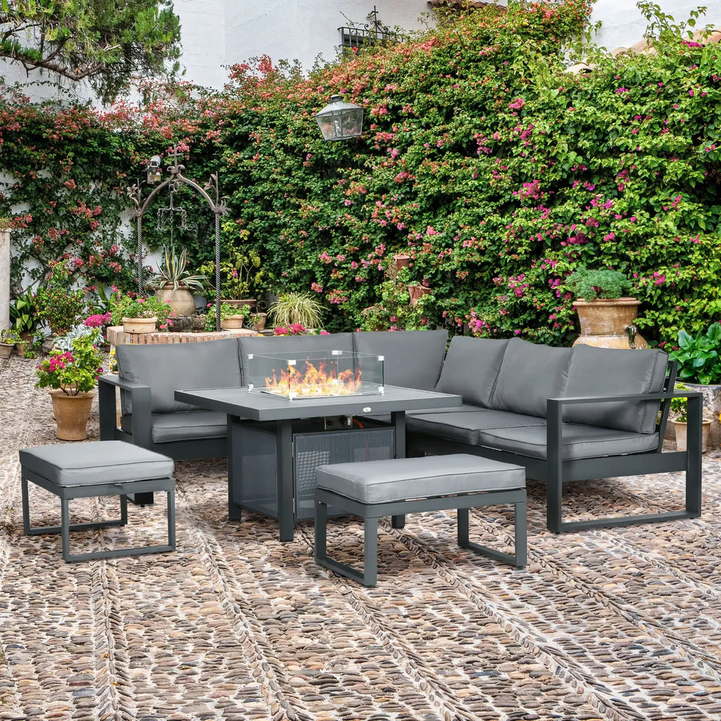 Outsunny 6-Piece Aluminium Garden Sofa Set with Fire Pit Grey