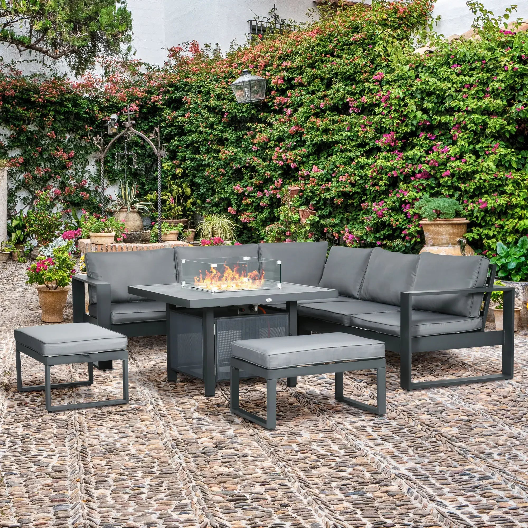 Outsunny 6-Piece Aluminium Garden Sofa Set with Fire Pit Grey