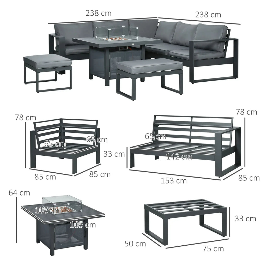 Outsunny 6-Piece Aluminium Garden Sofa Set with Fire Pit Grey